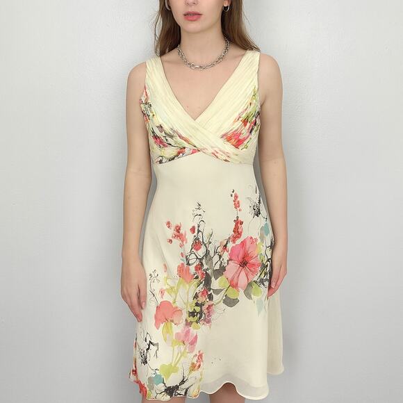 Vintage Y2K Adrianna Papell Silk Dress Womens 12 Cream Floral Bling Fairy‎ Boho - Picture 1 of 11